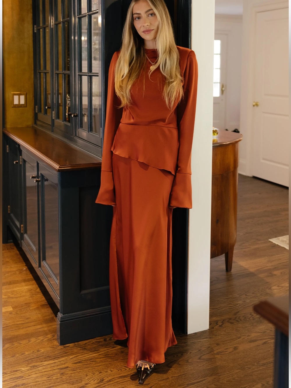 🍁Taylor Burnt Orange Satin Open Back Maxi Dress by Hannah Chody L NWT Few Moda